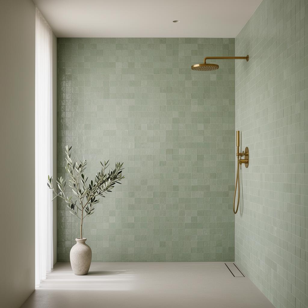 Walk-in shower with brushed brass fixtures and warm stone tiling