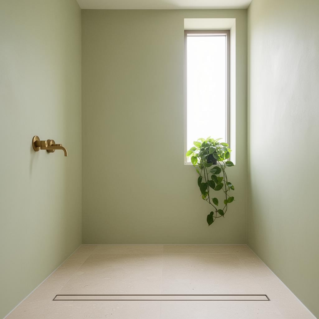 Level-access wet room with warm stone tiling and seamless drainage
